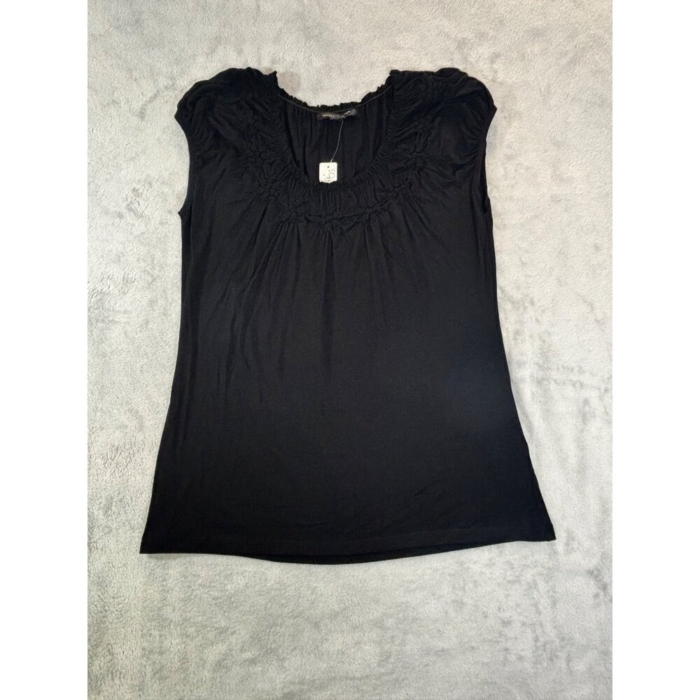 August Silk blouse Women's Large black flower lined neckline